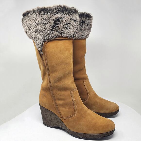 Timberland Monogram Tall Boot Women 8M Tan Wheat Suede Faux Fur Trim Wedge 86334 - Picture 1 of 12